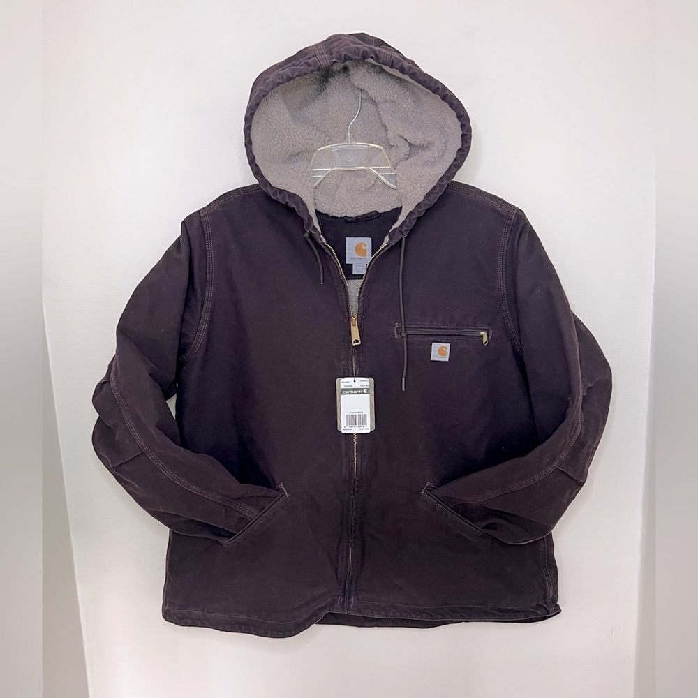 Carhartt Womens 1X Sherpa Lined Canvas Work Jacket. Hooded Plum/Purple color.